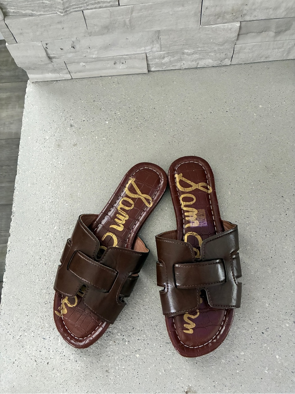 Sam Edelman Brown Slide Sandals with Croc-Embossed Footbed
